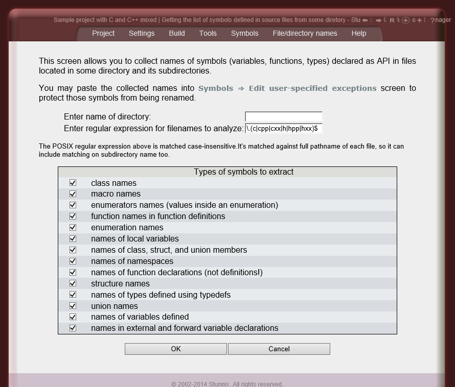 Screen letting to extract symbols from all files in certain directory