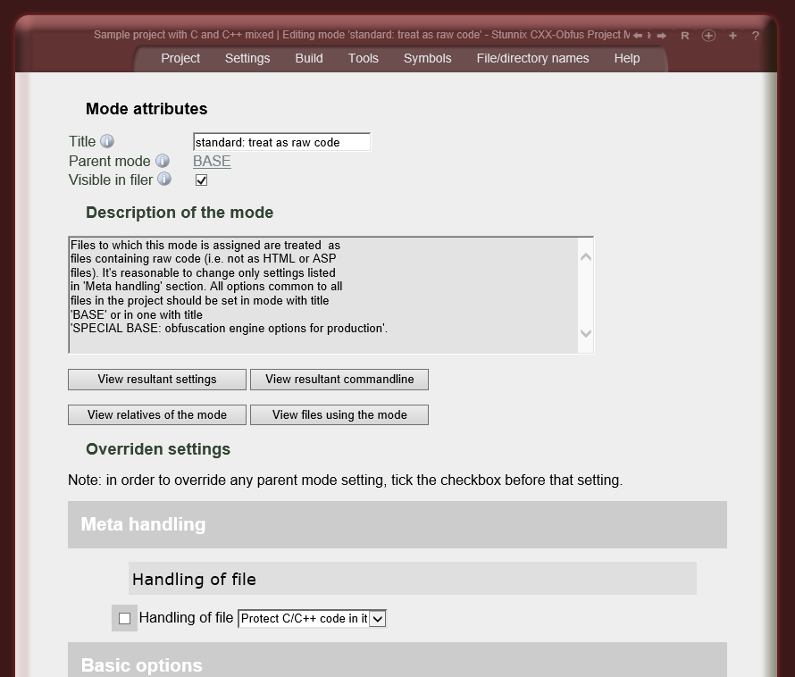 Editing settings for one of file processing modes