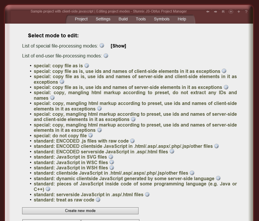 Browsing file processing modes