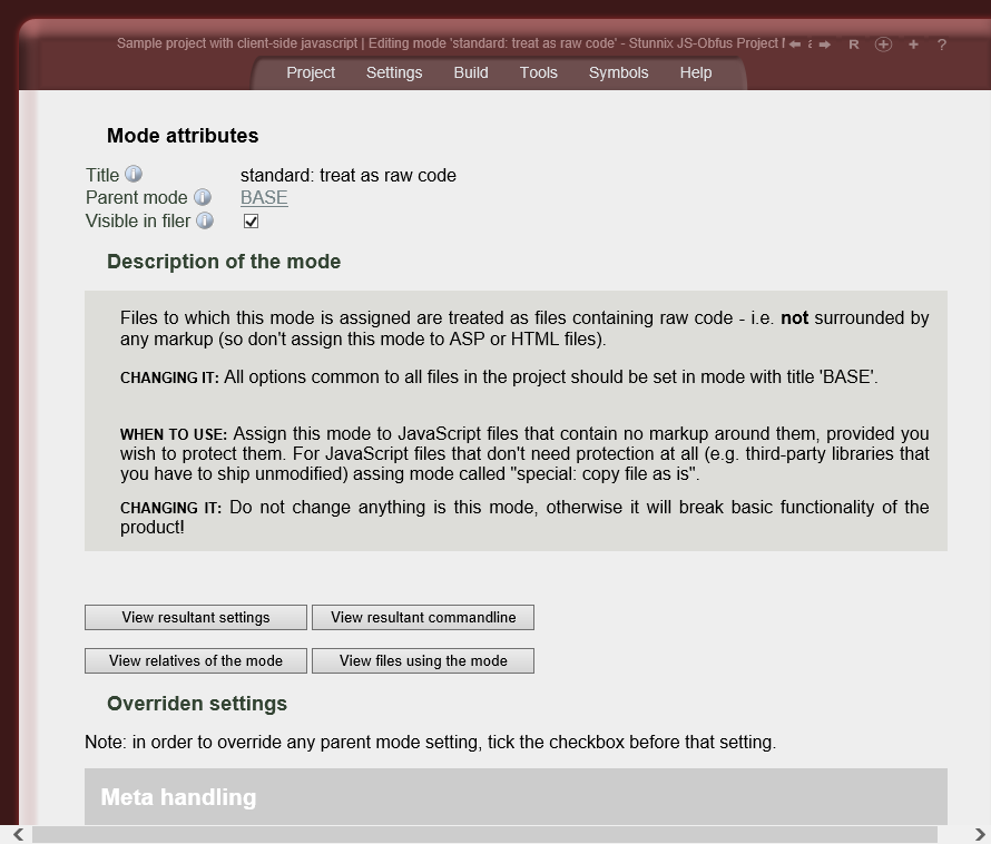 Editing settings for one of file processing modes