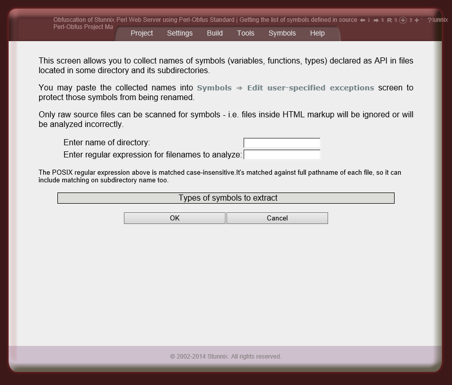 Screen letting to extract symbols from all files in certain directory